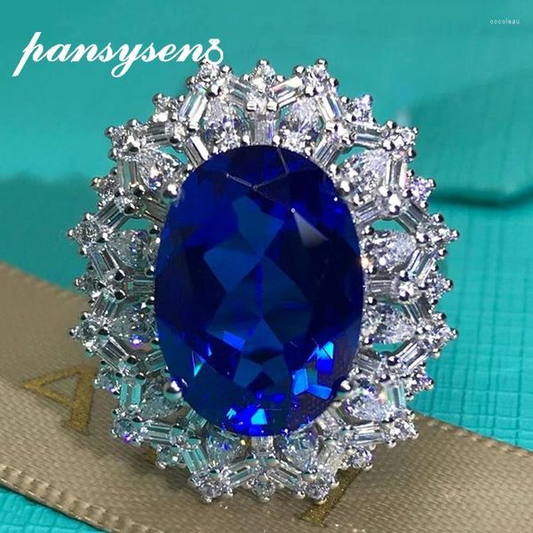 PANSYSEN Luxe 925 Sterling Silver 10x14MM 8CT Ovale Bleu Haute Teneur En Carbone Diamant De Mariage Cocktail Bague Fine Jewelry Gift