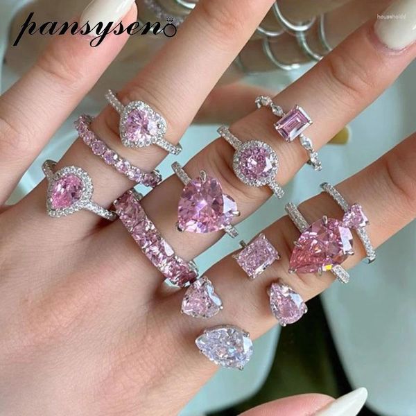 Anillos de racimo PANSYSEN Romántico 925 Plata esterlina Rosa Zafiro Diamante Piedra preciosa para mujeres Compromiso de boda Joyería fina al por mayor