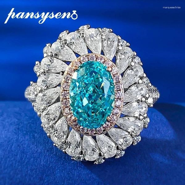 Cluster Anneaux Pansysen Sparkling 925 SERRING Silver 6 9 mm Ovale Cut Paraiba Tourmaline High Carbon Diamond Ring Party Fine