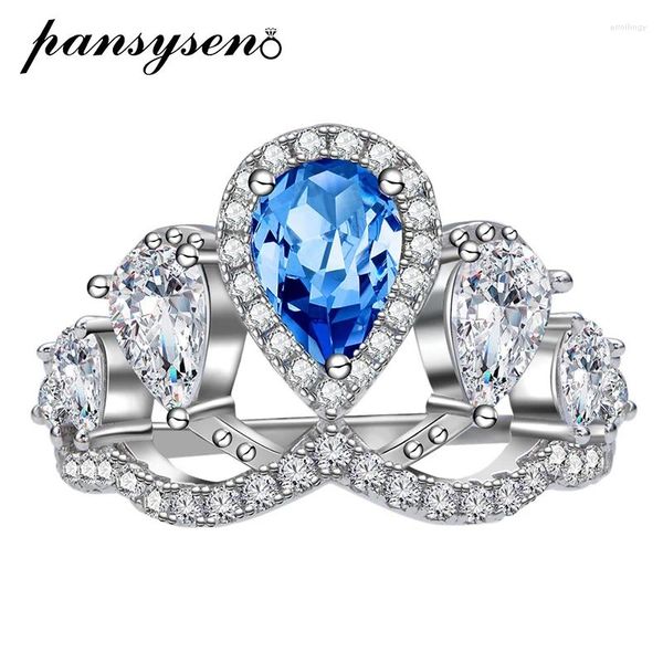 Cluster Anneaux Pansysen TRENDY 925 argent sterling 5 7 mm Coupe aiguamarine Sapphire High Carbon Diamond Ring Women Party Bijoux de mariage