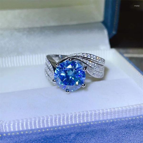 Anillos de racimo Pasaron la prueba de diamantes Clásico 3ct 5ct Anillo de moissanita azul Corte brillante 925 Plata Mujer Novia Casarse Joyería de lujo