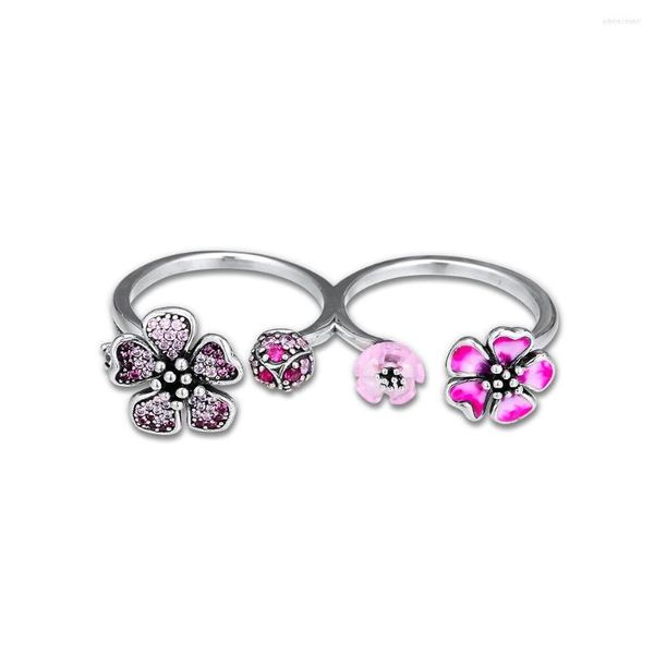 Anillos de racimo Flor de flor de durazno 925 Sterling-Silver-Jewelry