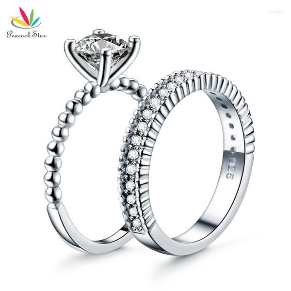 Ensemble de 2 bagues de fiançailles de mariage en argent sterling 925 massif avec étoile de paon 1 ct créé bijoux en diamant CFR8276