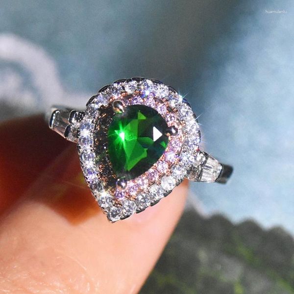 Anillos de racimo corte pera piedra de cristal de Zirconia cúbica verde esmeralda para mujer joyería de moda de lujo regalo de fiesta de banquete