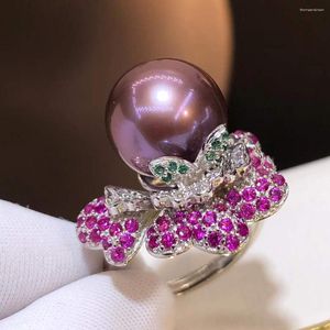 Bagues de cluster Bague de perles Fine Bijoux 925 Sterling Silver Naturel Rond 11-12mm Perles violettes d'eau douce pour femmes cadeaux