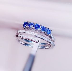 Clusterringen per sieraden Natural Real Blue Sapphire Round Ring 0.15CT 5PCS Gemstone 925 Sterling Silver Fine J8080804