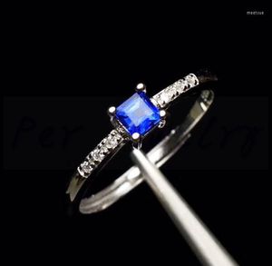 Clusterringen per sieraden Natural Real Blue Sapphire Square Finger Ring 925 Sterling Silver 0.2ct Gemstone R8081715