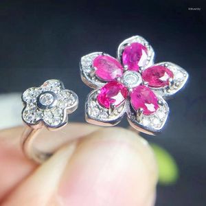 Clusterringen per sieraden Natural Ruby Flower Ring 925 Sterling Silver 0.35CT 5PCS Gemstone T8081803