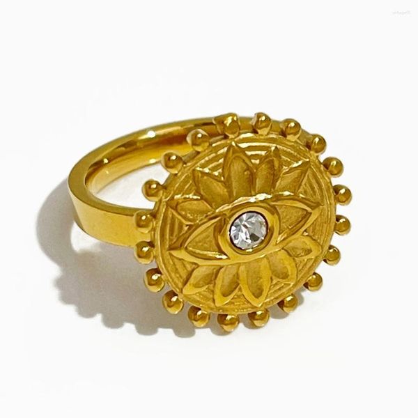 Anillos de racimo Peri'sBox Anillo de moneda de loto de ojo de diamantes de imitación de color dorado francés para mujeres Joyería de sello de flor con cuentas de acero inoxidable Bohemio