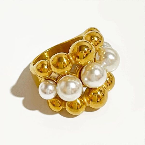 Cluster anneaux peri'sbox en acier inoxydable épais chunky plaqué boule fausse perles ring women déclaration grosse grande hyperbole bijoux étanche