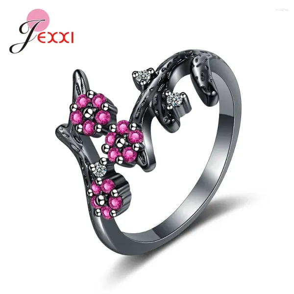 Cluster Anneaux Personnalité Design noir pistolet mignon fuchsia Crystal Fleur ouverte pour les femmes Jewelry de bague réglable cool