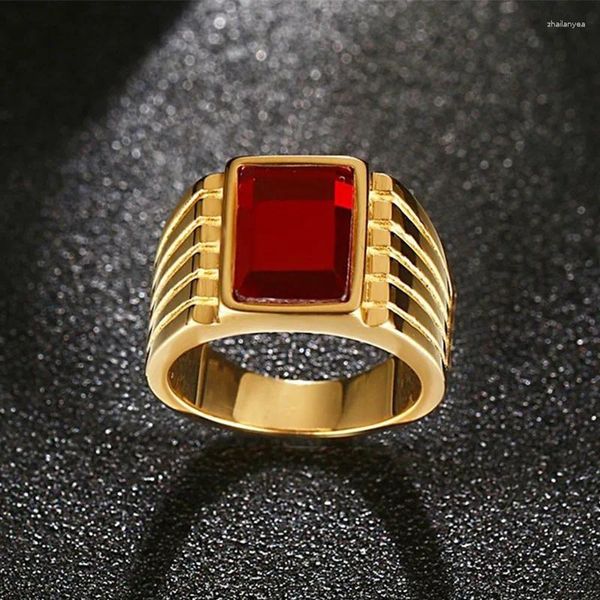 Anillos de racimo Personalidad Lujo Color Oro Anillo Moda Dominante Hombres Rojo Semi Precioso Piedra Tendencia Cóctel Joyería