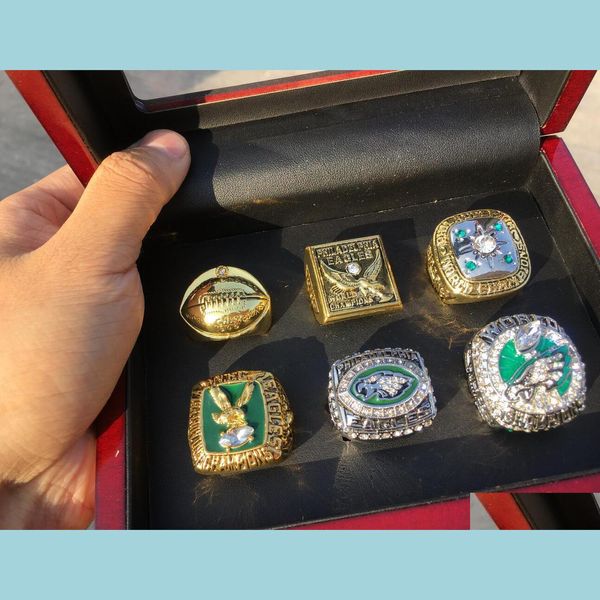 Cluster Rings Philadelphie 6Pcs Eagle Football Américain Équipe Champions Championnat Anneau Ensemble Avec Boîte En Bois Souvenir Hommes Fan Cadeau D Dhavo