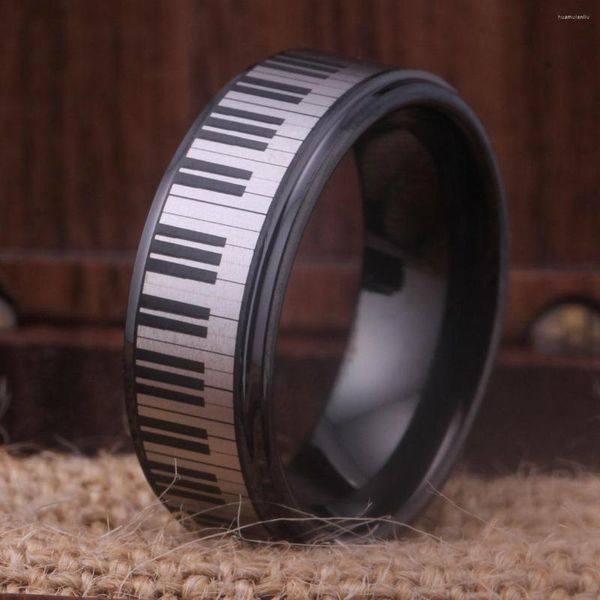 Anillos de racimo Anillo de teclas de piano Anillo de boda de carburo negro de tungsteno para hombre 8 mm Ajuste cómodo Aniversario