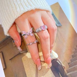 Cluster Ringen Roze Kristal Onregelmatig Hart Y2K Vintage Glanzende Zirkoon Liefde Open Ring Voor Vrouwen Trend Punk Meisje Party 2024 Sieraden geschenken