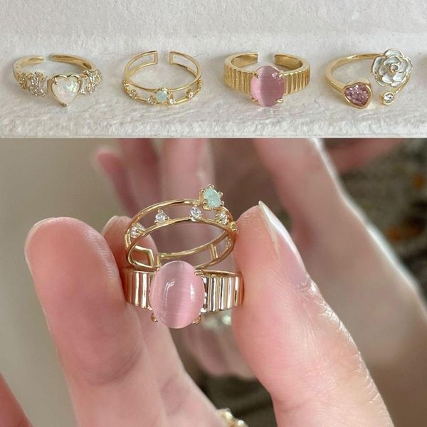Anillos de racimo, piedra de cristal rosa, circón creativo, engranaje de Color dorado, anillo abierto brillante para mujer, accesorios de joyería de fiesta