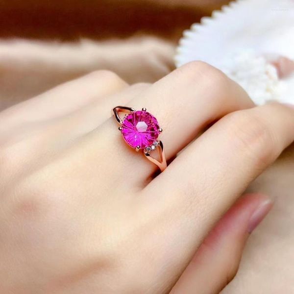 Bagues en grappe Rose Topaze Rouge Bague en pierres précieuses pour femmes Bijoux fins en argent Certifié Gemme naturelle Ronde 925 Jolie fille Date Cadeau