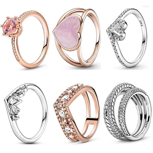 Bagues de cluster Rose Swirl Émail Coeur Marquise Wishbone Couronne Solitaire Bague 925 Sterling Argent Pour Femmes Cadeau Europe DIY Bijoux