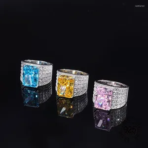 Anillos de racimo Rosa Amarillo Azul Azul Corte triturado Diamante alto de carbono Mirco Configuración Circón 925 STERLING SILEG Big anillo