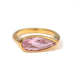 Anneaux de cluster Bague de zircon rose pour femmes en acier inoxydable Waterdrop CZ Stone Couple Finger Engagement Saint Valentin Gif