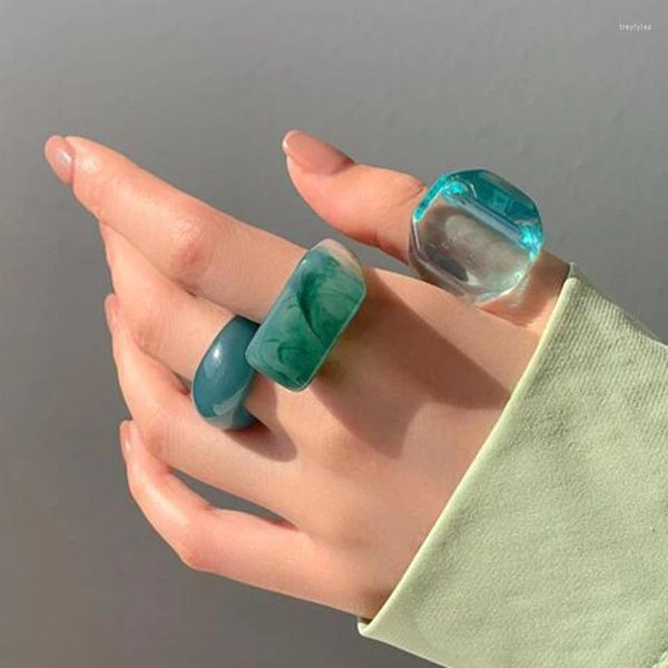 Anillos de racimo Plástico para mujeres Conjuntos de joyería de moda de 3 unids Paquete múltiple Declaración de acrílico azul Anillo de dedo Stacable Resina Midi