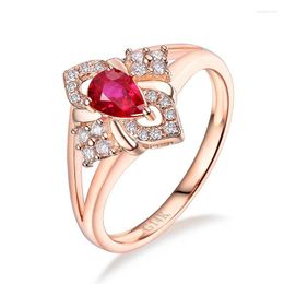 Cluster ringen Pretty Red Ruby Diamond Ring Real 14K Rose Gold Wedding Anniversary Fine Jewelry Groothandel voor vrouwen