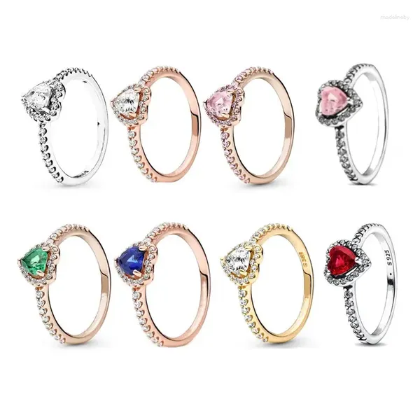 Bagues de cluster Princesse 925 Argent Amour Élevé Rouge Bague Femme Saphir Ruby Vert Rose Or Rose Coeur Fine Bijoux Cadeau