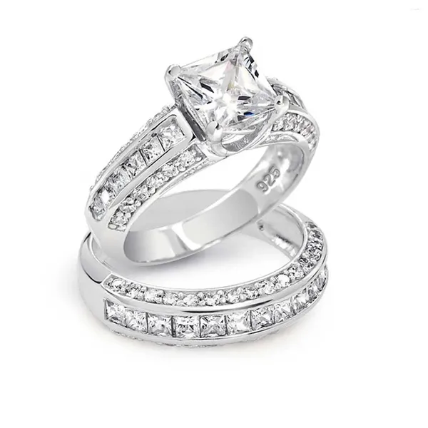 Bagues de cluster Princess Cut Lab Diamond Bague Set 10KT Or Blanc Engagement Bande de mariage pour femmes Promesse de mariée Bijoux Cadeau