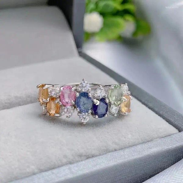 Anillos de racimo Producto de lujo Multicolor Zafiro Piedra preciosa 4/5 mm Anillo de plata Joyería para dama Banquete de boda Regalo