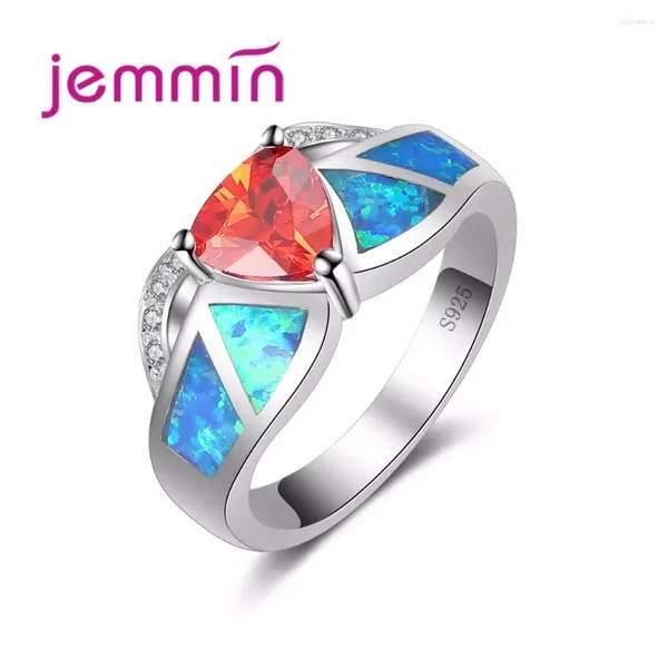 Promoción de anillos de racimo 925 Joyas de plata esterlina Moda Blue Fire Opal Anillo de dedo Red White Crystal Piedra para Wome