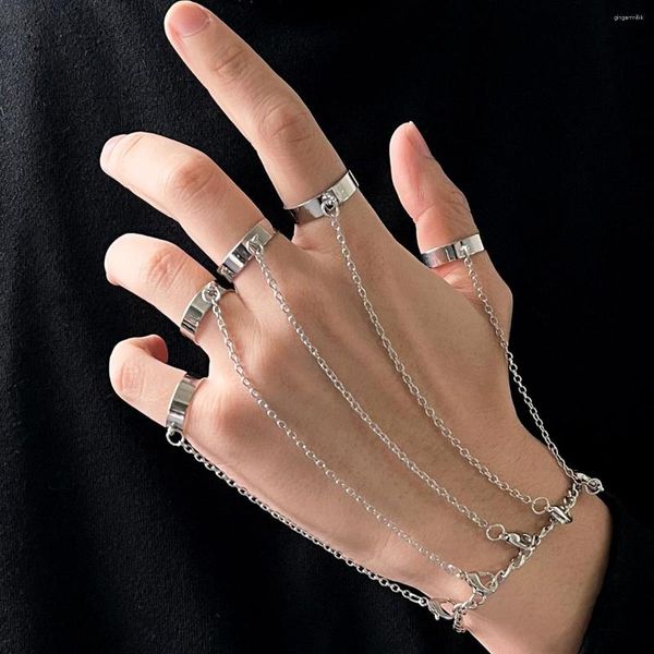 Cluster Anneaux Punk Géométrique Argent Couleur Chaîne Poignet Bracelet Pour Hommes Anneau Charme Ensemble Couple Emo Mode Bijoux Cadeaux Pulsera Mujer