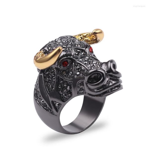 Anillos de racimo Punk Hip Hop CZ Anillo grande Chunky Black Bull OX con cuernos de color dorado Joyas de diamantes de imitación para hombres y mujeres unisex Moda