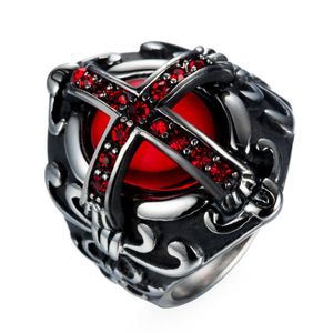 Cluster Ringen Punk Mens Ring Kruis Rode Edelsteen Zirkoon Retro Goud/Zilver Rvs Voor Mannen Vrouwen Gothic sieraden Maat 7-15