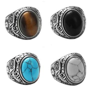 Cluster ringen punk natuurlijke dashi tijger eye ring voor mannen vrouwen retro roestvrij staal gesneden patroonzegel grote steen mode sieraden cadeau