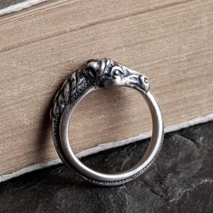 Cluster Rings Punk Thai Silver Retro Vintage Style Sterling 925 Animal Horse Head Bague réglable