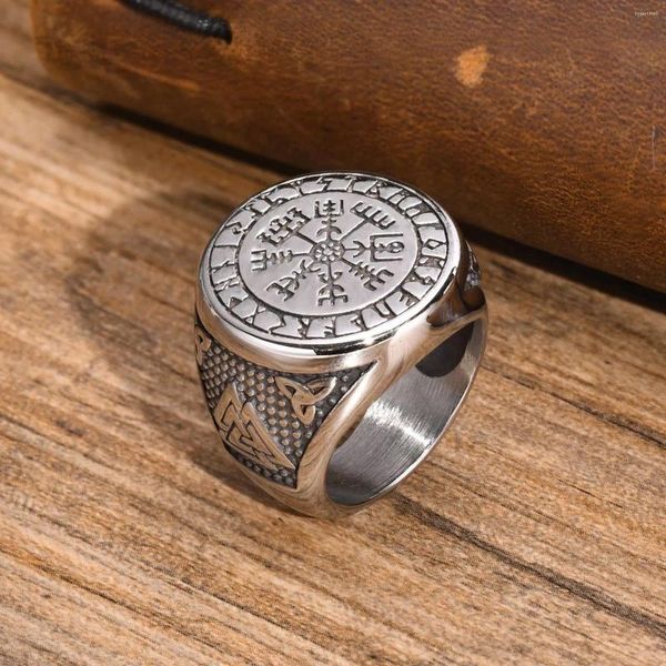 Anillos de racimo Punk Viking Vegvisir Pirata Brújula para hombres Impermeable Acero inoxidable Vintage Norse Celtic Nudo Símbolo Joyería de dedo