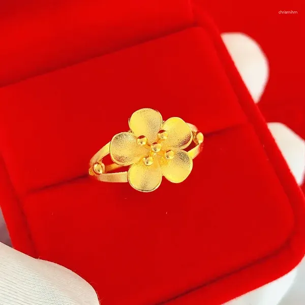 Anillos de racimo Puro 14k Anillo de color amarillo oro Exquisitas flores Personalidad para mujeres Regalos de joyería de cumpleaños de boda nupcial