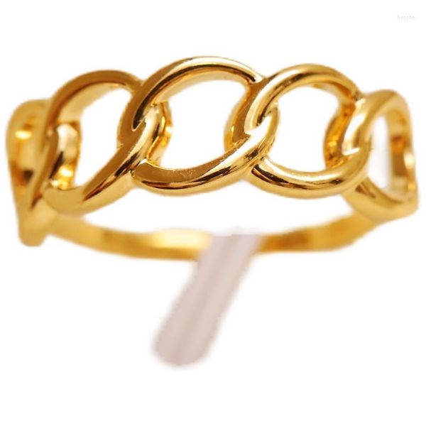Cluster Rings Pure 24K Yellow Gold Ring 3D Hard Link Chain For Women Fashion