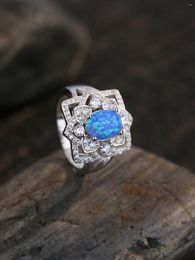 Clusterringen puur 925 zilver gepersonaliseerde patroonring met blauw opaalei en zirkoon decoreren creatieve veelzijdige mode dames