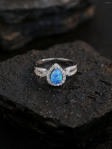 Anillos de racimo Anillo de mujer de plata 925 pura con gota de agua Ópalo azul y circón brillante Diseño de forma especial Estilo exquisito