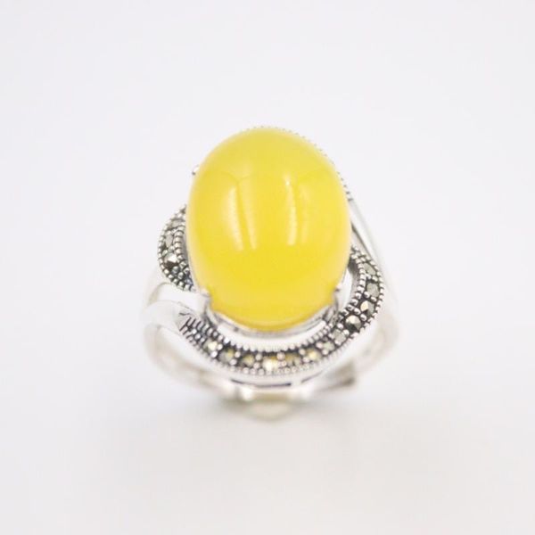 Bagues en grappe en argent Sterling pur 925 largeur de bague 23mm dentelle de marcassite perle de calcédoine jaune taille américaine 7-10 pour femme