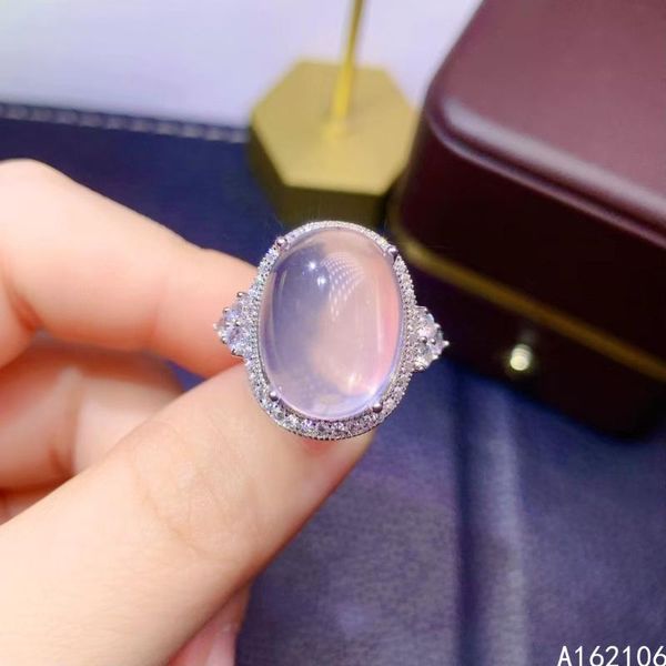 Anillos de racimo Plata pura Estilo chino Cuarzo rosa natural Mujeres Anillo de piedras preciosas ajustable ovalado de lujo Soporte de joyería fina DeteCluste