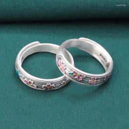 Cluster Ringen Puur Zilver Emaille Kleine Bloem Voor Vrouwen Vintage Etnische 999 Roze Vinger Matte Ring Adjstable Sieraden JZ141