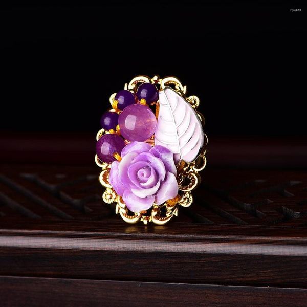 Cluster Anneaux Violet Jade Fleur Chinois Naturel Amulette 925 Bijoux En Argent Anneau Réglable Accessoires Sculpté Cadeau Femmes Mode