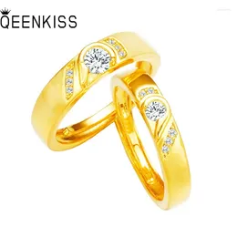 Cluster anneaux qeenkiss Engagement en or pour les femmes 24kt coeur couple couple beaux bijoux bijoux mariée mariée cadeau RG5183