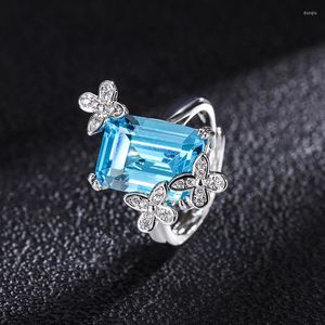 Clusterringen Qgorgeous Silver Color Blue Ring For Women Wedding Delicate Bridal Sieraden Stone Turquoise Open