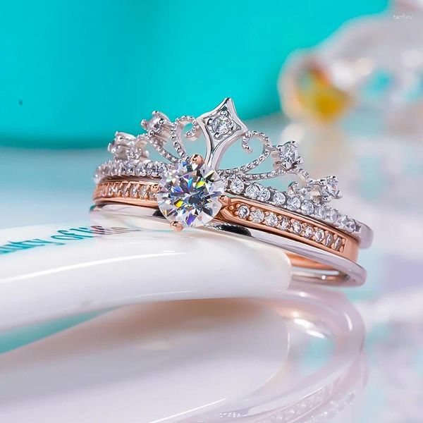 Cluster Anneaux Qinhuan 0,5 D Color Moisanite Crown Ring S925 SER un argent sterling 18k Rose Gold Bijoux pour femmes Gift de mariage pour femmes