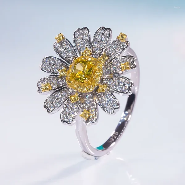 Bagues de cluster QINHUAN Topaz Flower Ring Real S925 Sterling Argent Élégant Jaune Diamant Promesse De Mariage De Mariage Fine Bijoux