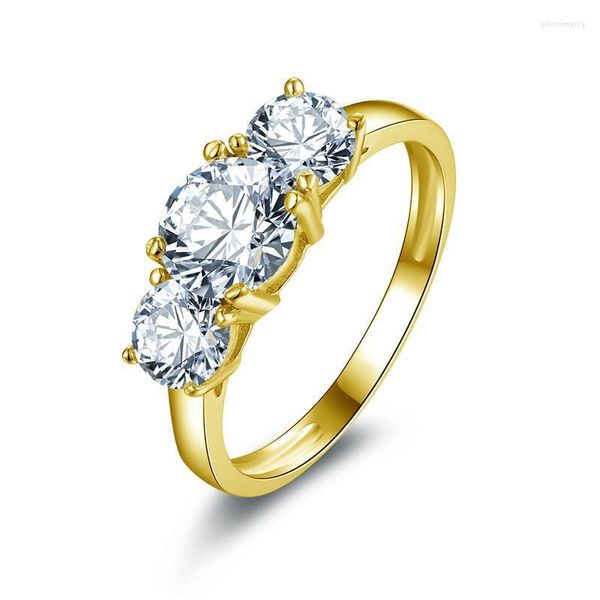 Anillos de racimo QYI 14K oro amarillo sólido tres piedras para mujer conjunto de puntas corte redondo Moissanite diamante compromiso boda Eloi22