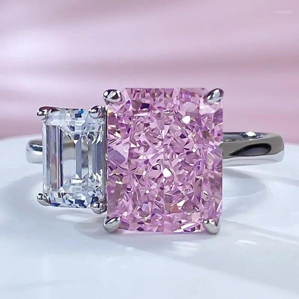 Cluster Anneaux Radiant Cut Pink Moissanite Diamond Ring Real 925 Sterling Silver Party Mariage Band For Women Men Engagement Bijoux
